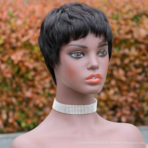 Human Hair Short Pixie Cut Wigs with Bangs Short Black Layered Wavy Wigs for Women Finer wave Hair Wig